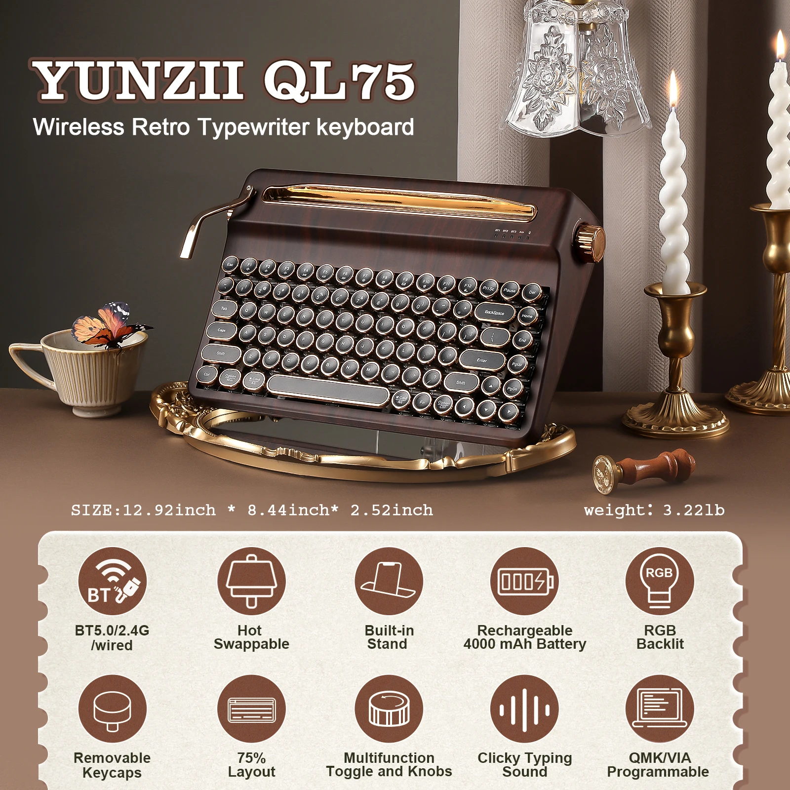 Wood QMK/VIA Mechanical Keyboard, Retro Style RGB Wireless Mechanical Keyboard, Mac/Win Customizable, Gift Box Pack