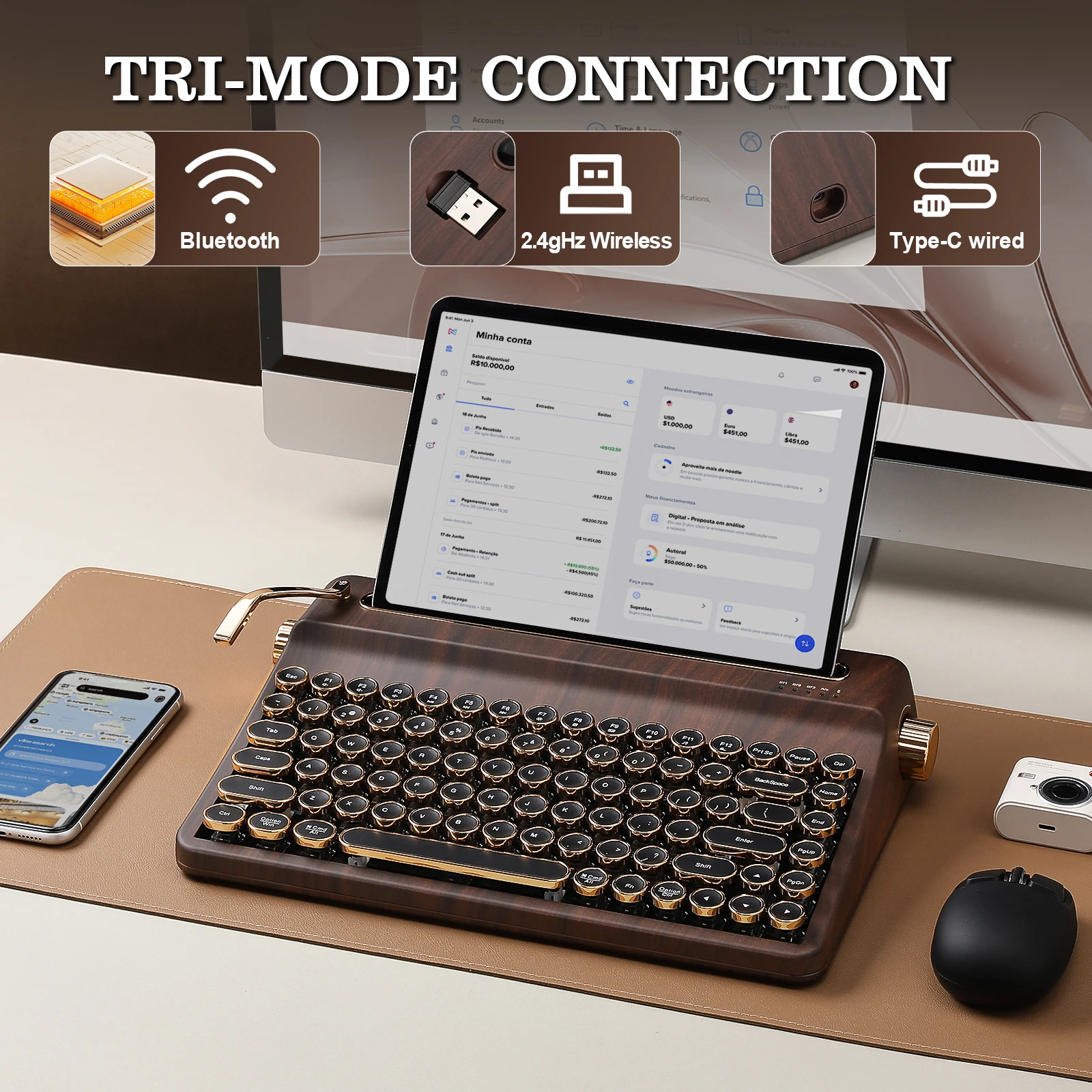 Wood QMK/VIA Mechanical Keyboard, Retro Style RGB Wireless Mechanical Keyboard, Mac/Win Customizable, Gift Box Pack