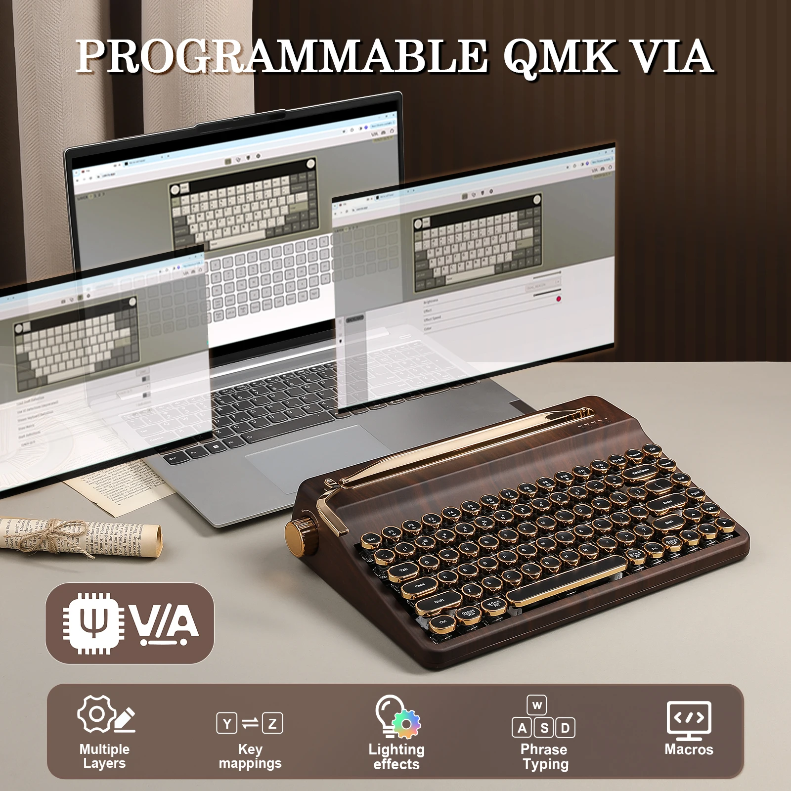 Wood QMK/VIA Mechanical Keyboard, Retro Style RGB Wireless Mechanical Keyboard, Mac/Win Customizable, Gift Box Pack