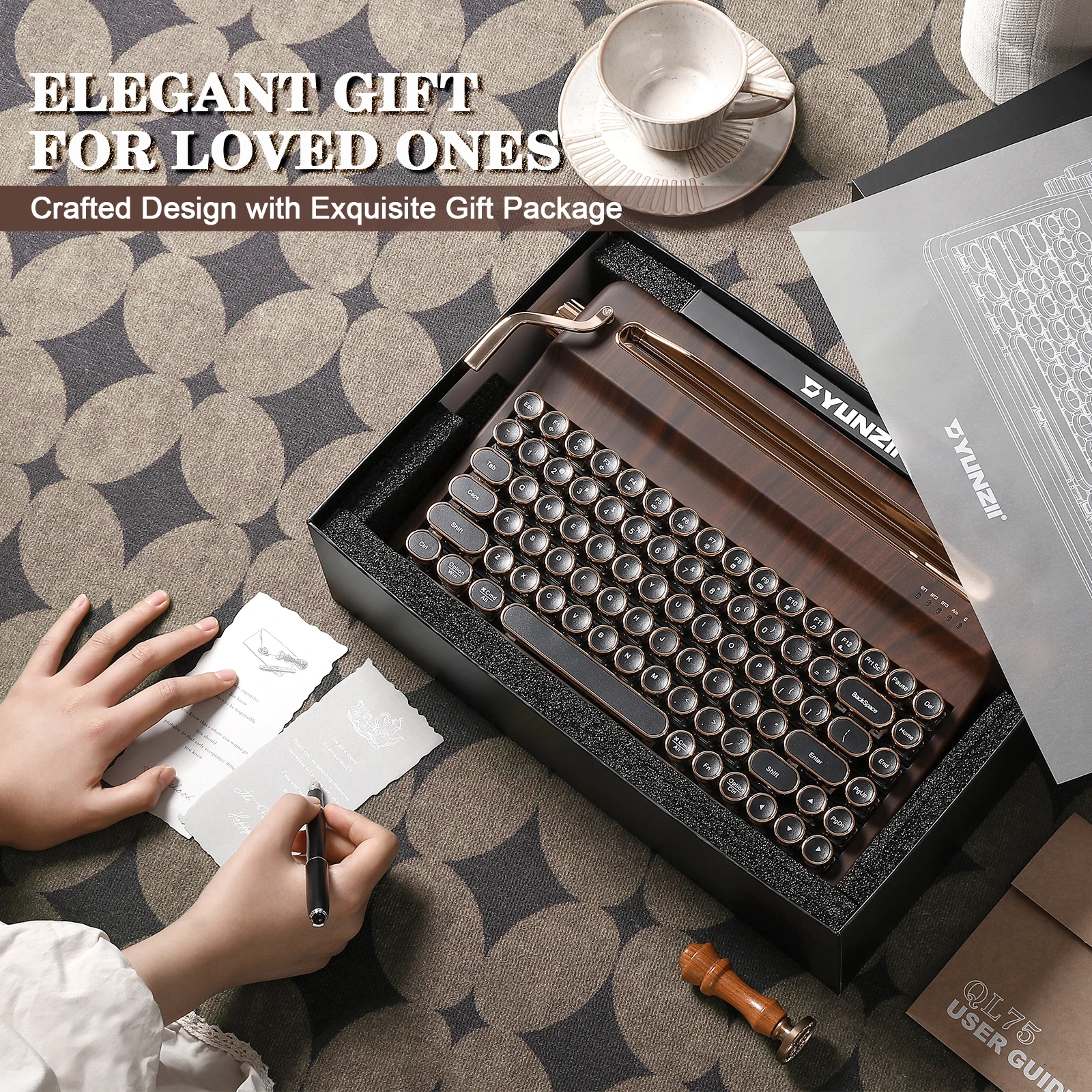 Wood QMK/VIA Mechanical Keyboard, Retro Style RGB Wireless Mechanical Keyboard, Mac/Win Customizable, Gift Box Pack