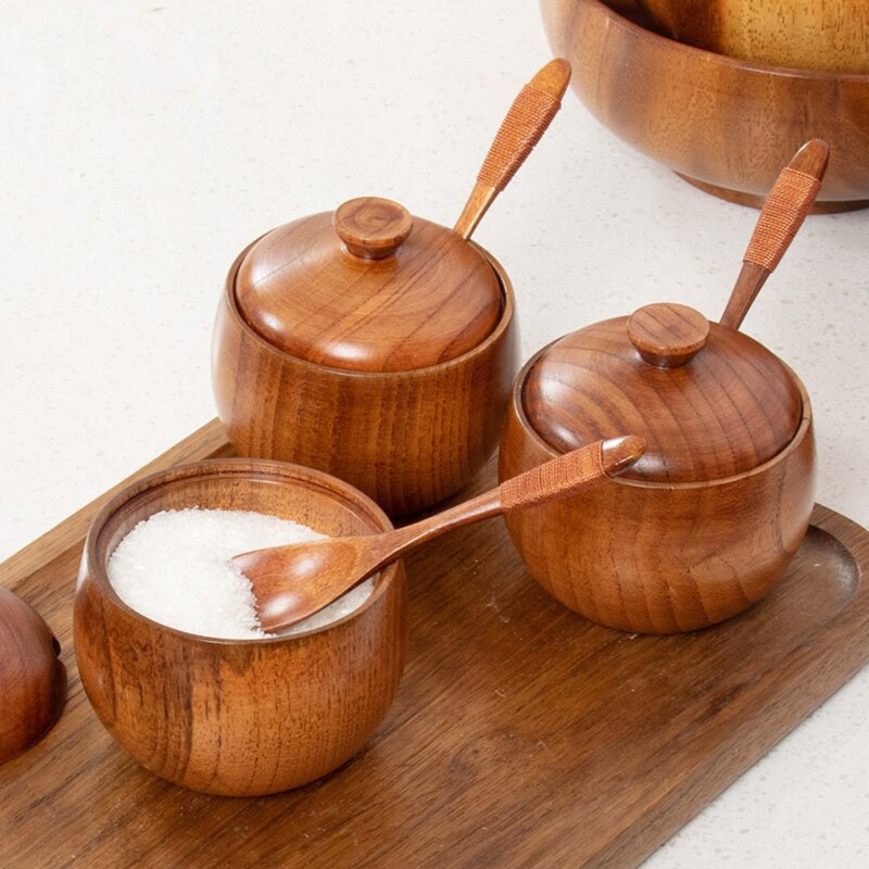Wood Spice Jars with Lids and Spoons