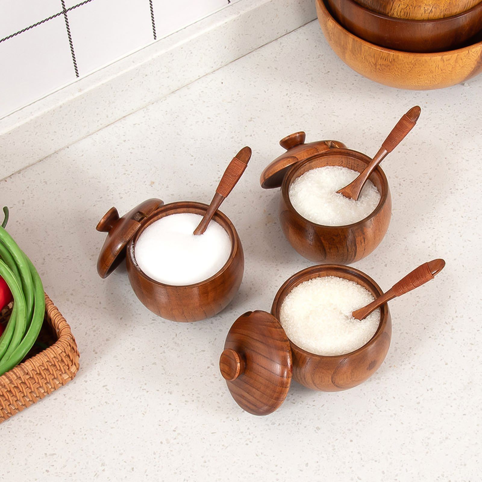 Wood Spice Jars with Lids and Spoons Wood Spice Jars with Lids and Spoons