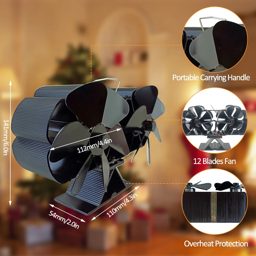 Wood Stove Fan Heat Powered Dual Silent Motors 6 Blades Non-Electric Heat Activated Fireplace Fan with Bracket and