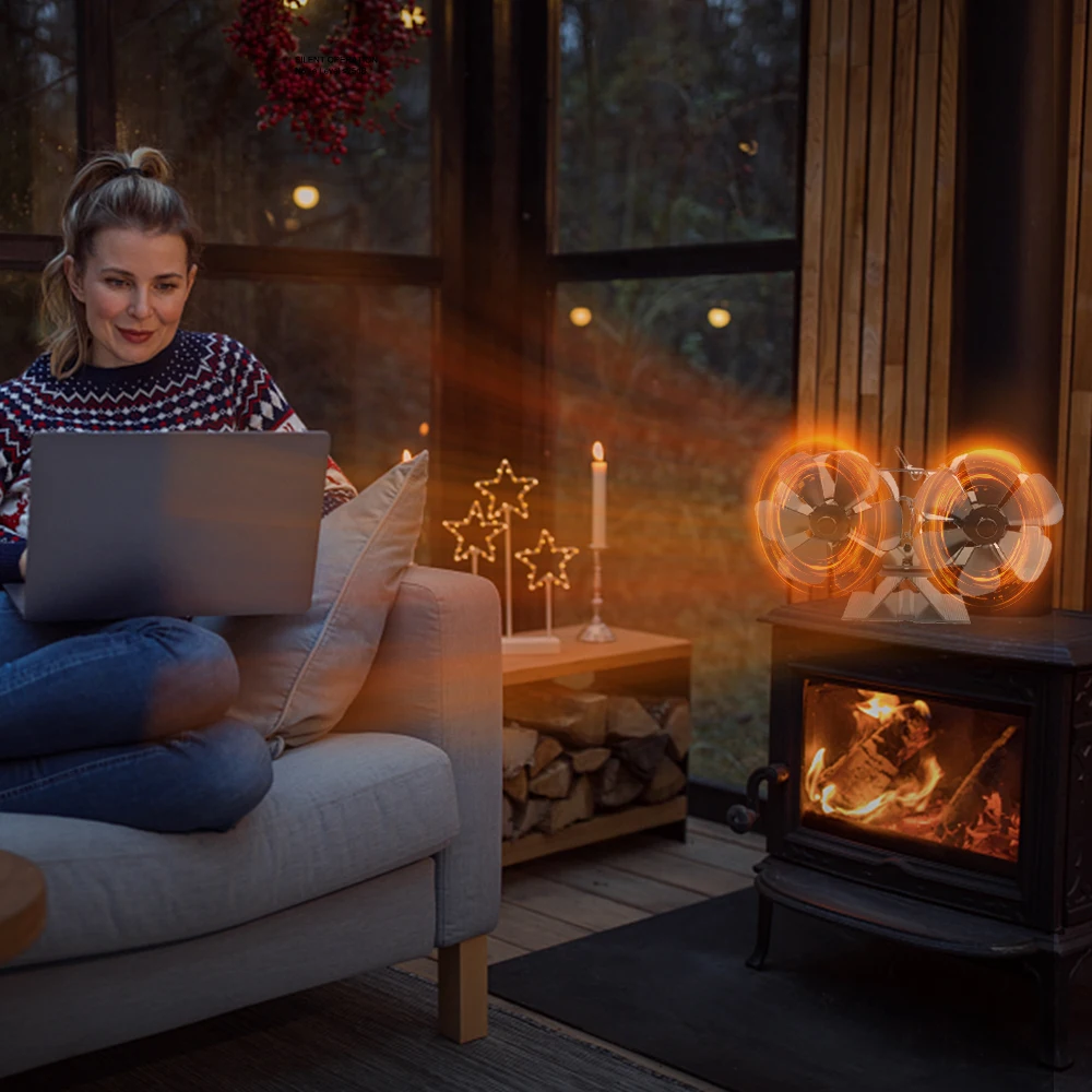 Wood Stove Fan Heat Powered Dual Silent Motors 6 Blades Non-Electric Heat Activated Fireplace Fan with Bracket and