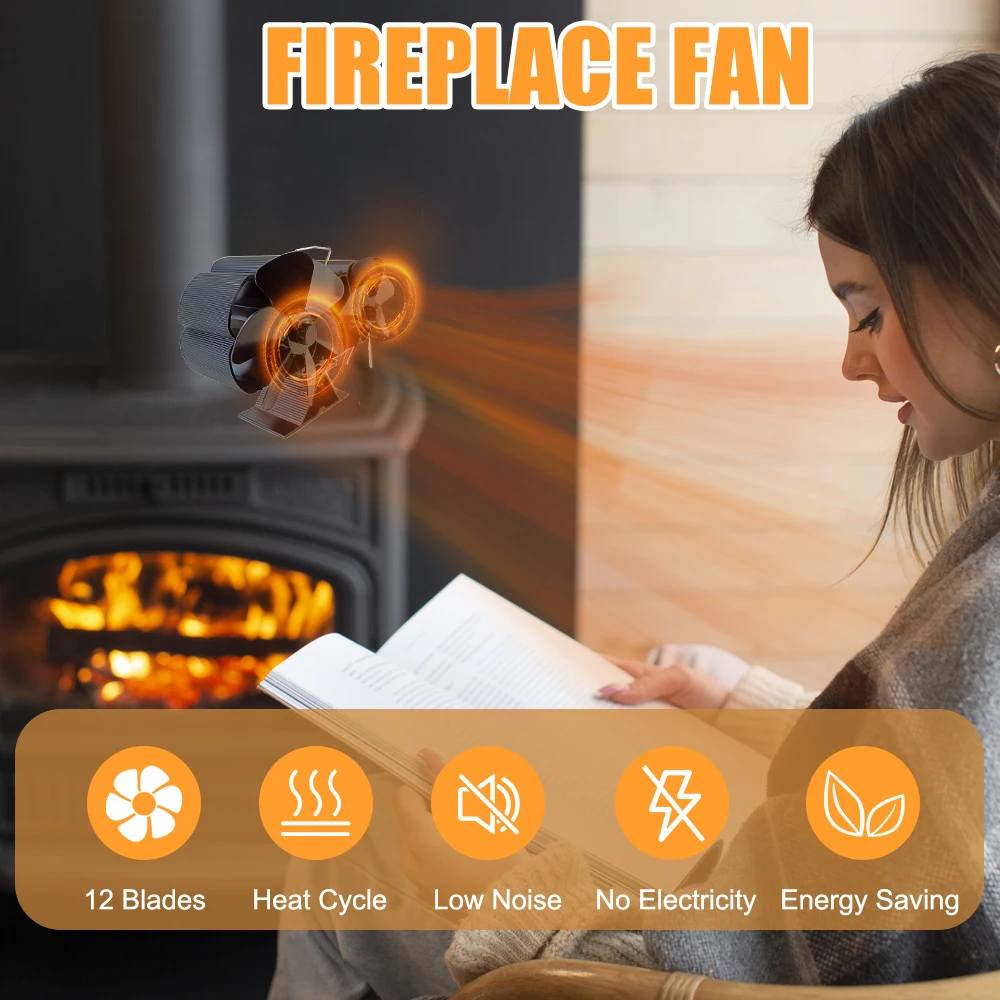 Wood Stove Fan Heat Powered Dual Silent Motors 6 Blades Non-Electric Heat Activated Fireplace Fan with Bracket and