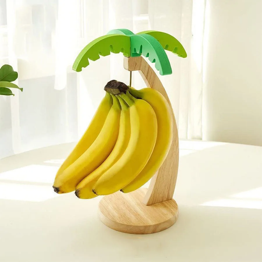 Wooden Banana Rack Hanging Kitchen Rack Simulated Leaf Decorative Fruit Vertical Storage Rack with Hook Kitchen