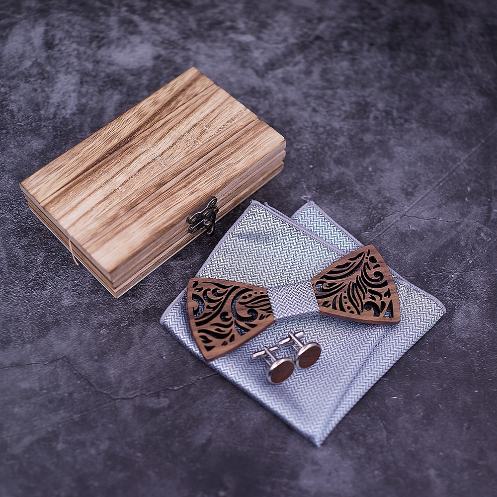 Wooden Bow Tie Mens Hanky Set Wooden Bow Tie Mens Hanky Set