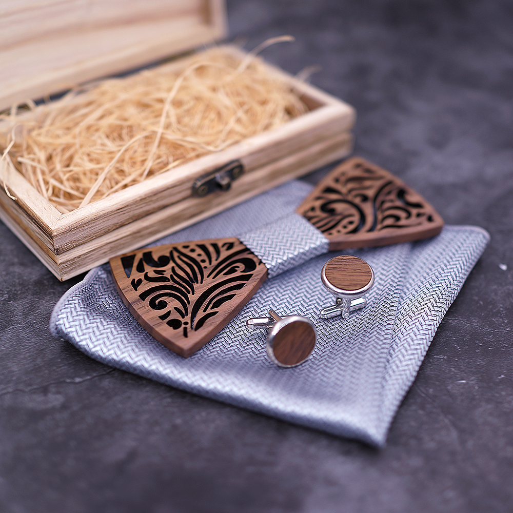 Wooden Bow Tie Mens Hanky Set Wooden Bow Tie Mens Hanky Set
