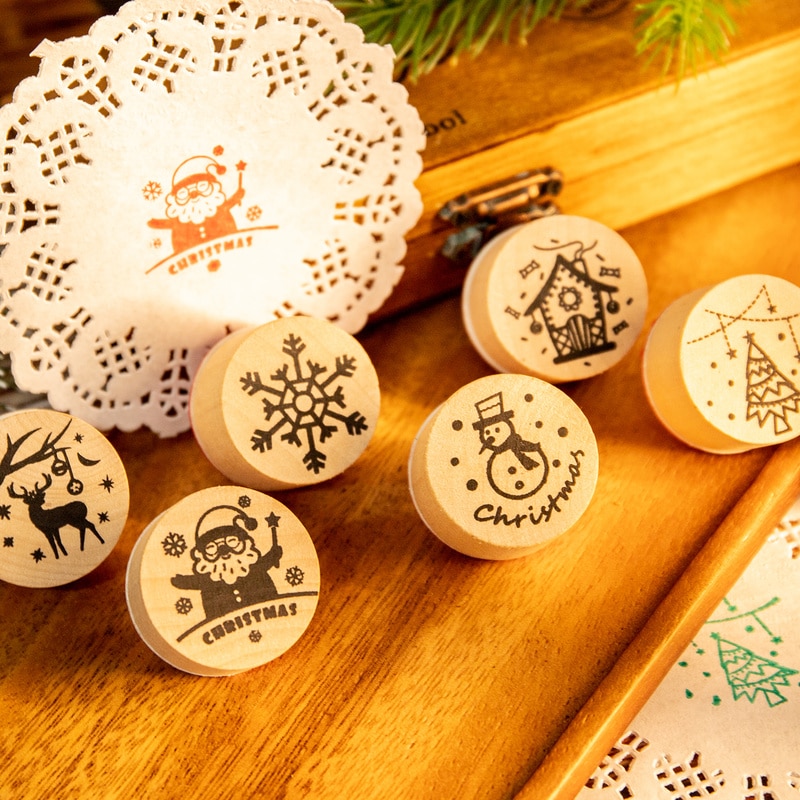 Wooden Christmas Rubber Stamps (6 pcs)