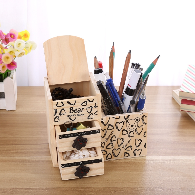 Wooden Desk Organizer Cute Pen Holder