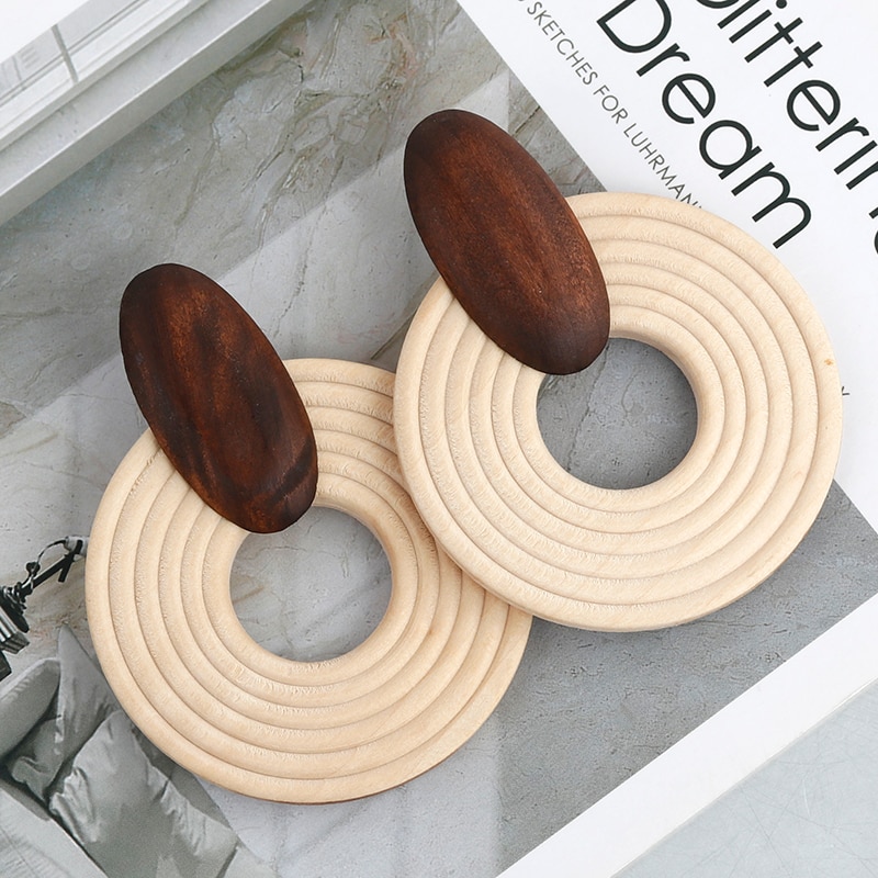 Wooden Earrings Round Fashion Statement Wooden Earrings Round Fashion Statement