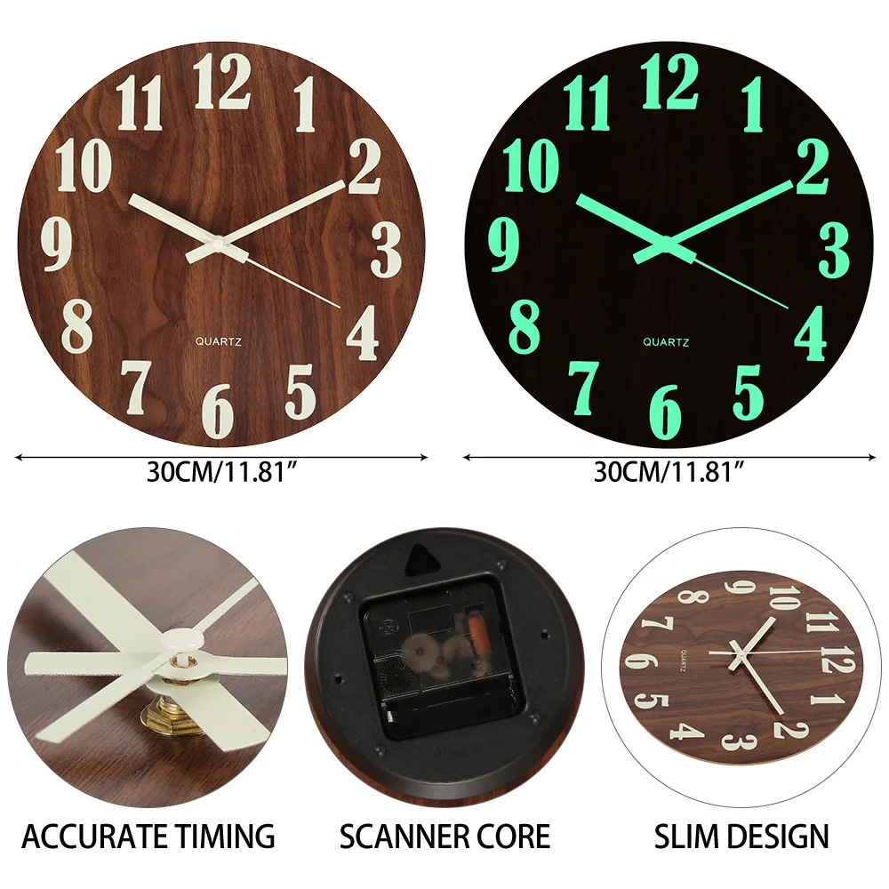 Wooden Luminous Wall Clock Silent Non-Ticking Kitchen WallClocks With Night Lights