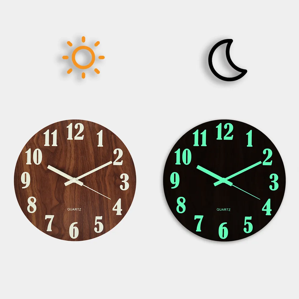 Wooden Luminous Wall Clock Silent Non-Ticking Kitchen WallClocks With Night Lights