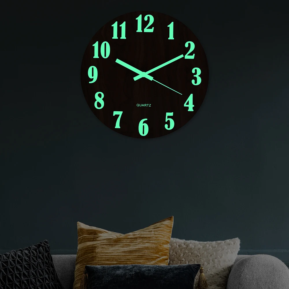 Wooden Luminous Wall Clock Silent Non-Ticking Kitchen WallClocks With Night Lights