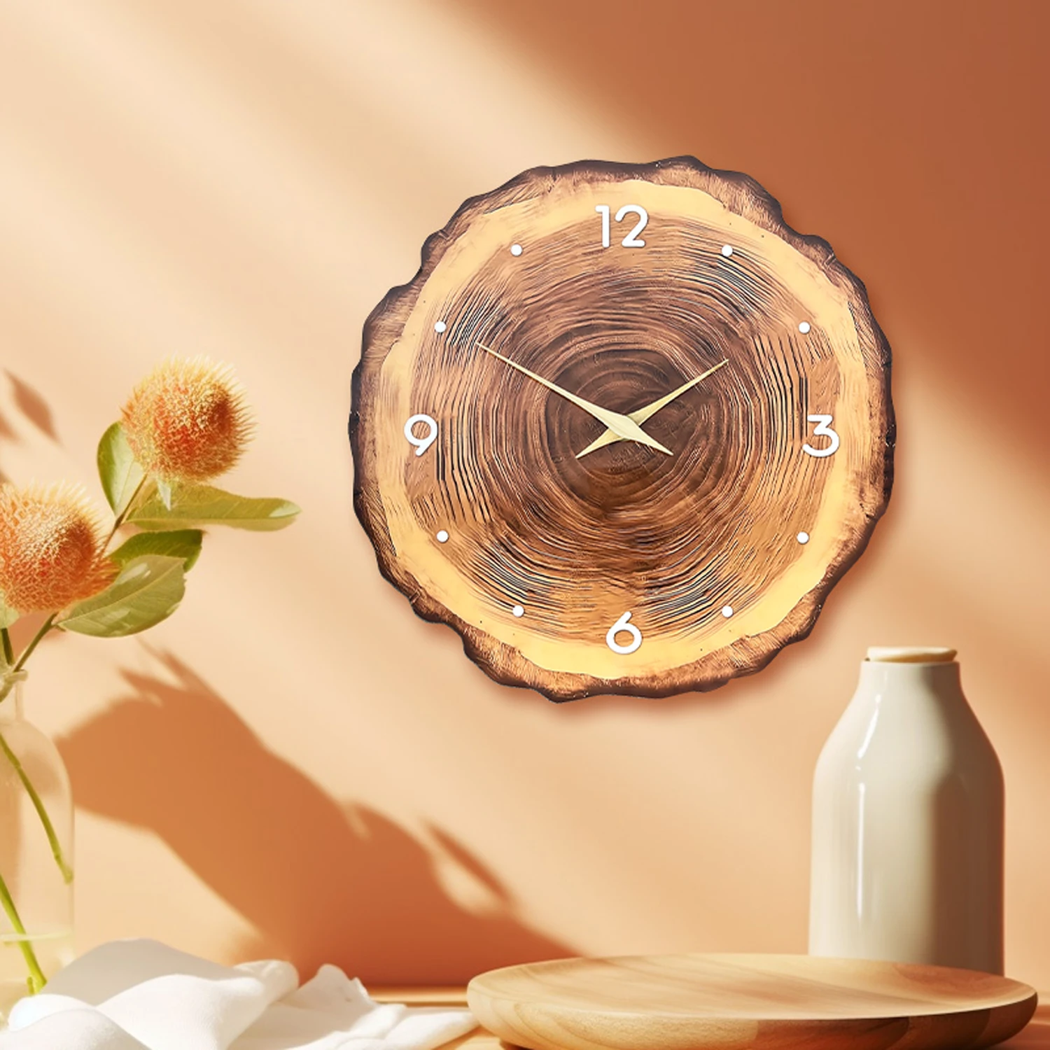 Wooden Ring Veneer Wall Clock, Flat Wood Cross Section Texture Pattern Solid Wood Pointer Design Wall Clock, Silent Wooden Ring Veneer Wall Clock, Flat Wood Cross Section Texture Pattern Solid Wood Pointer Design Wall Clock, Silent