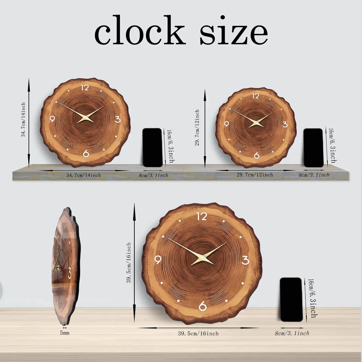 Wooden Ring Veneer Wall Clock, Flat Wood Cross Section Texture Pattern Solid Wood Pointer Design Wall Clock, Silent Wooden Ring Veneer Wall Clock, Flat Wood Cross Section Texture Pattern Solid Wood Pointer Design Wall Clock, Silent