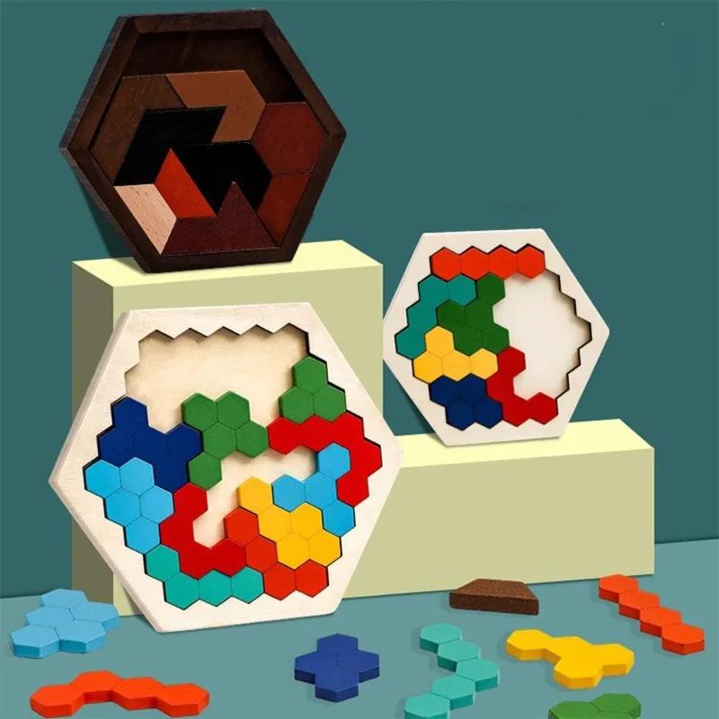 Wooden Tangram Board 3D Puzzles Hexagonal Educational Toys For Children Kids Preschool Montessori Toys Gifts