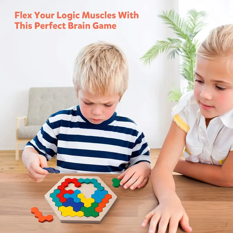 Wooden Tangram Board 3D Puzzles Hexagonal Educational Toys For Children Kids Preschool Montessori Toys Gifts