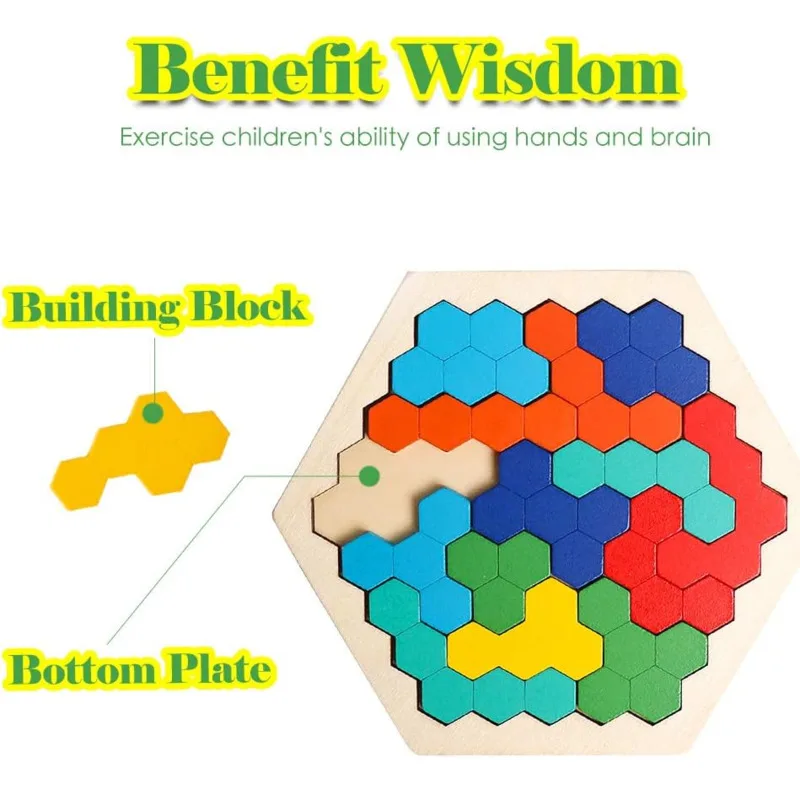 Wooden Tangram Board 3D Puzzles Hexagonal Educational Toys For Children Kids Preschool Montessori Toys Gifts