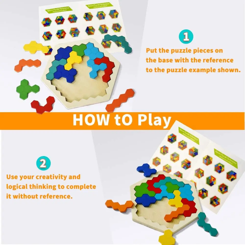 Wooden Tangram Board 3D Puzzles Hexagonal Educational Toys For Children Kids Preschool Montessori Toys Gifts