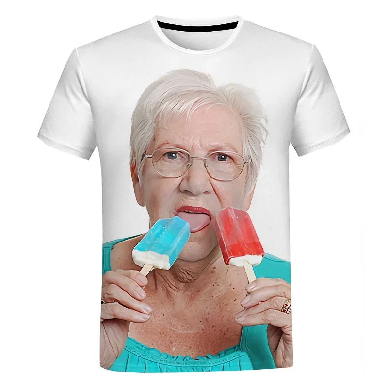 Y2K Top Fashion Senior Women Licking Popsicle 3D Print T Shirt Summer Men T-shirt Kawaii Grandma Fun Popsicle Short