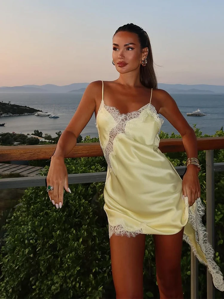 Yellow Satin Lace Splicing Sling Dress Women Elegant Irregular Hem V Neck Backless Sleeveless Gown Chic Women Party Yellow Satin Lace Splicing Sling Dress Women Elegant Irregular Hem V Neck Backless Sleeveless Gown Chic Women Party