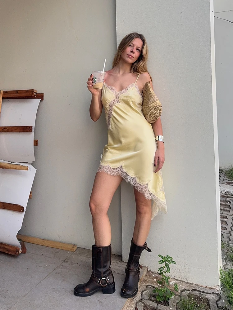 Yellow Satin Lace Splicing Sling Dress Women Elegant Irregular Hem V Neck Backless Sleeveless Gown Chic Women Party Yellow Satin Lace Splicing Sling Dress Women Elegant Irregular Hem V Neck Backless Sleeveless Gown Chic Women Party