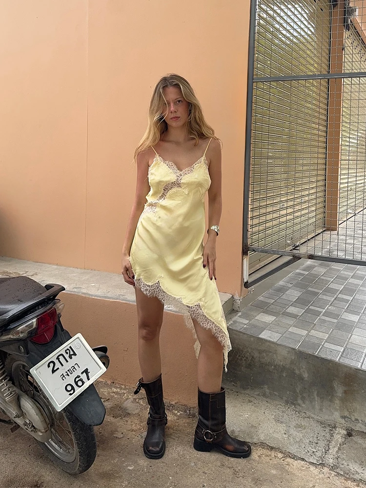 Yellow Satin Lace Splicing Sling Dress Women Elegant Irregular Hem V Neck Backless Sleeveless Gown Chic Women Party Yellow Satin Lace Splicing Sling Dress Women Elegant Irregular Hem V Neck Backless Sleeveless Gown Chic Women Party