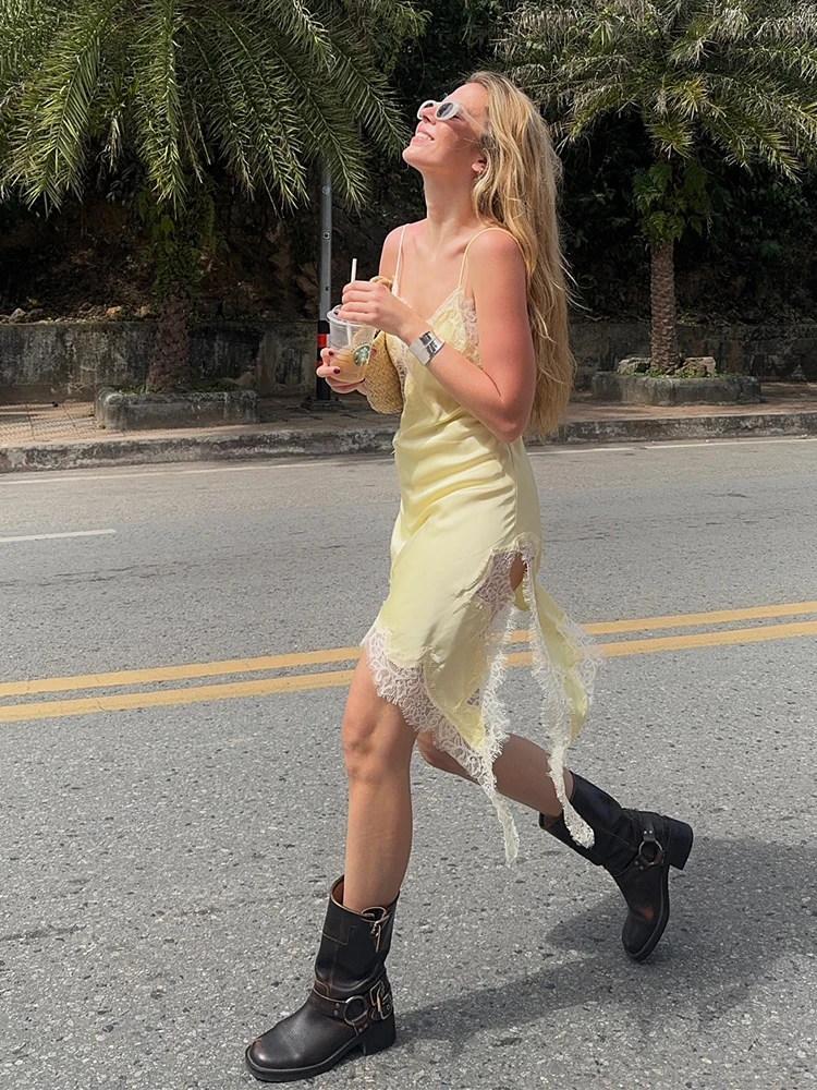 Yellow Satin Lace Splicing Sling Dress Women Elegant Irregular Hem V Neck Backless Sleeveless Gown Chic Women Party Yellow Satin Lace Splicing Sling Dress Women Elegant Irregular Hem V Neck Backless Sleeveless Gown Chic Women Party
