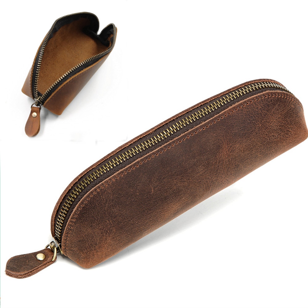Zipper Genuine Leather Pencil Pouch
