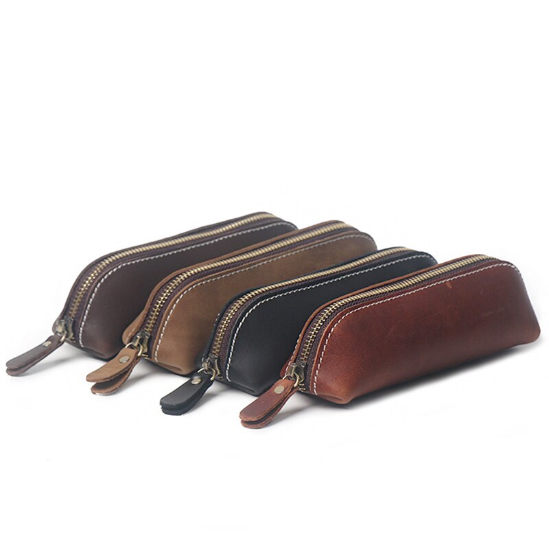 Zippered Genuine Leather Pencil Bag